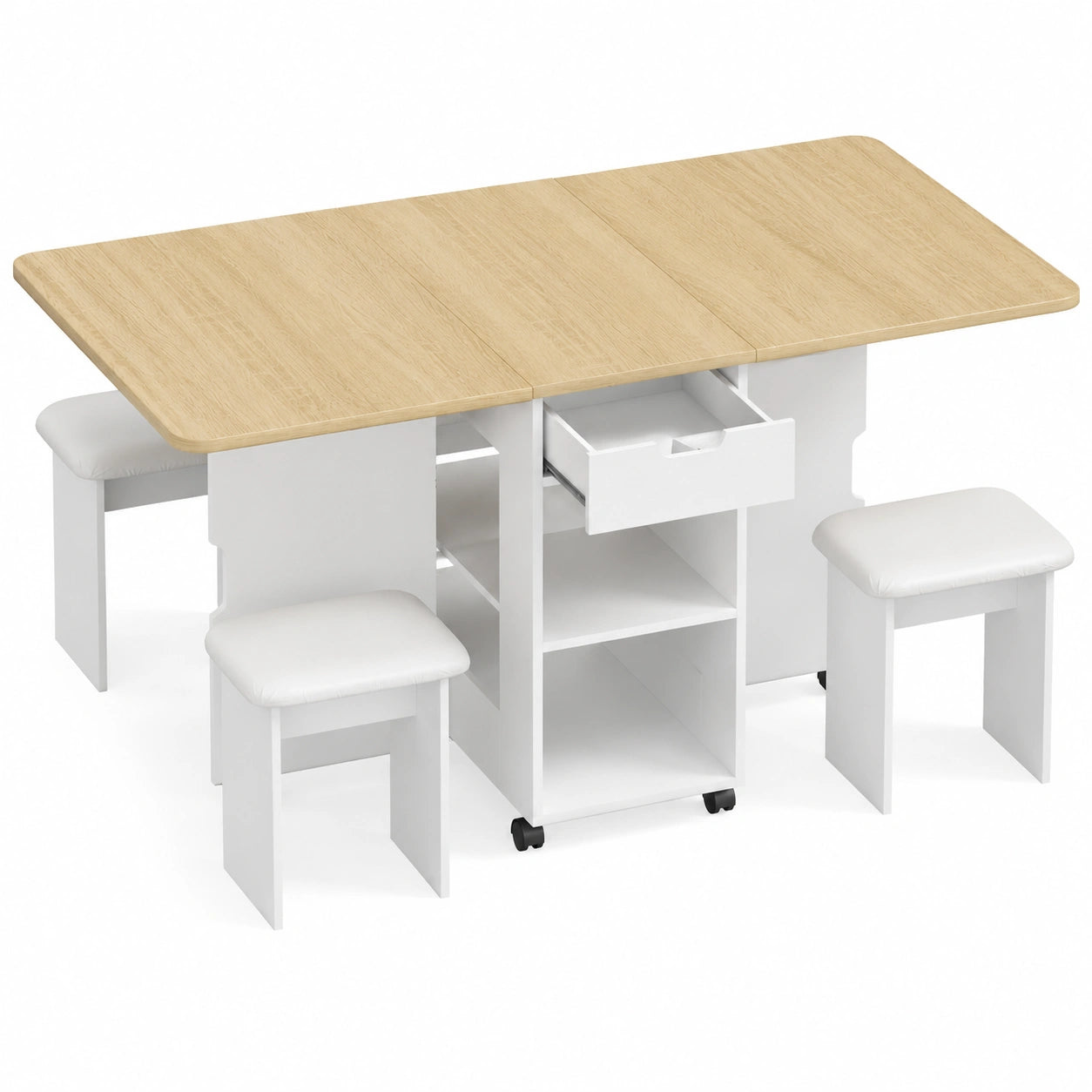 Esstisch – mit 4 Stühlen, 140 × 80 × 75 cm, klappbar, mit Schubladen, mit Ablagen, mit Rollen, aus Eichenholz, für Esszimmer und Küche